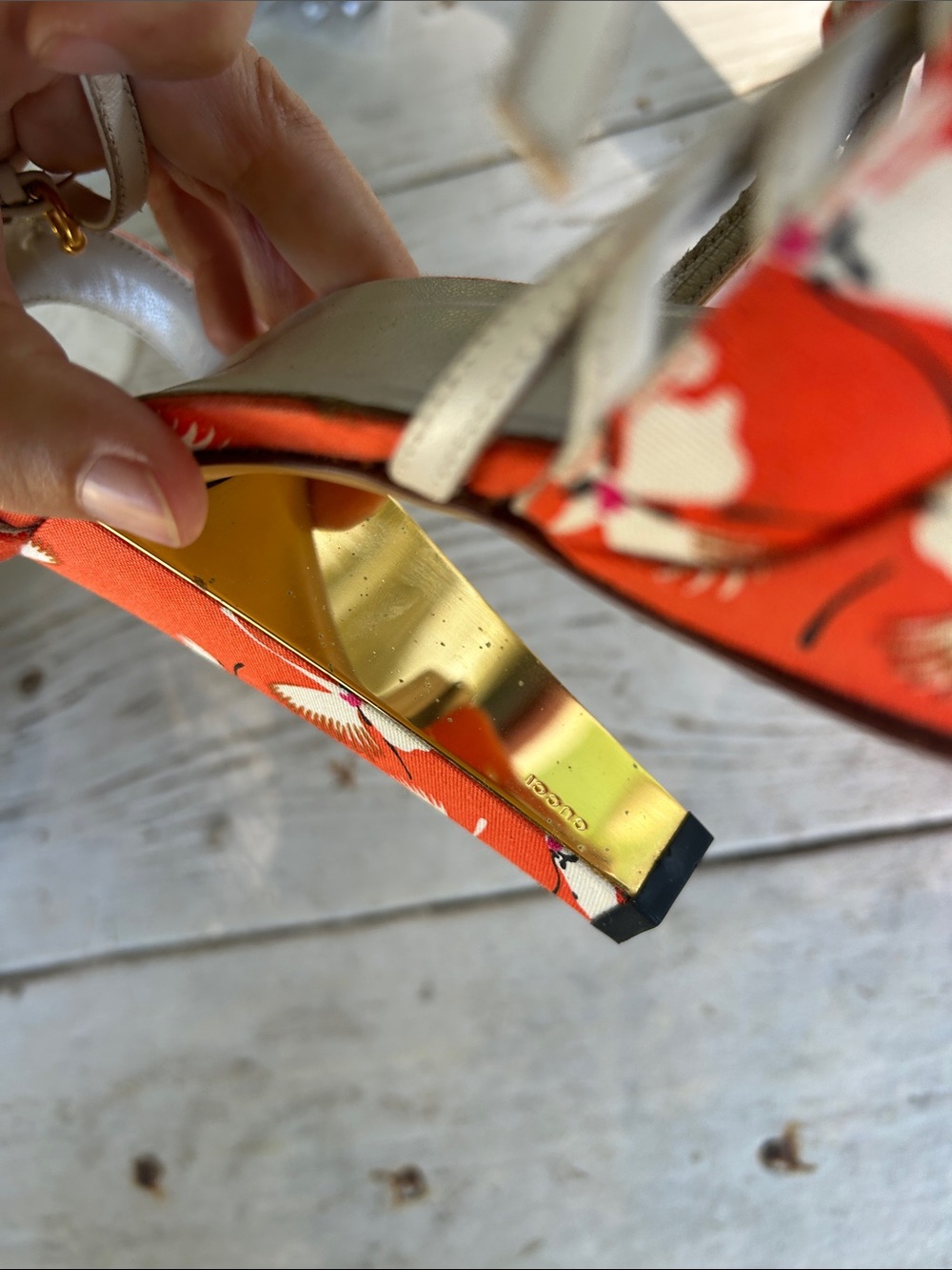Gucci orange and White Floral Slingback Peep-Toe Heels - Picture 6 of 7